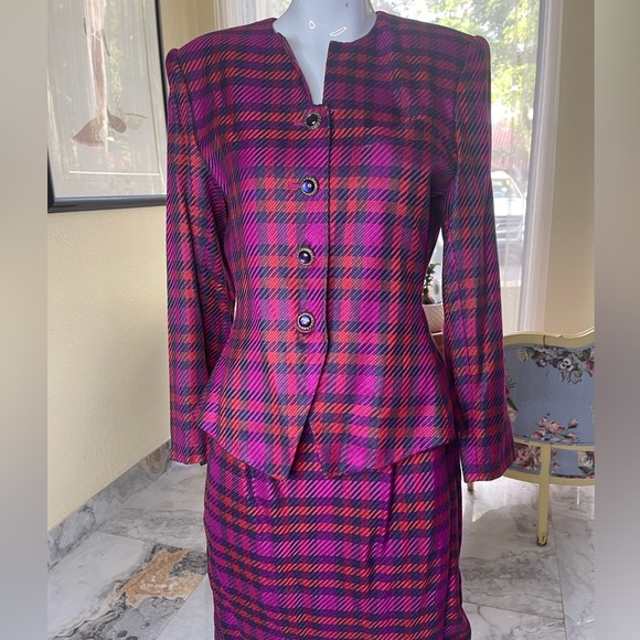 Kasper Skirt Suit Chanel Like Checkered Plaid Purple Red Vintage - Picture 2 of 8